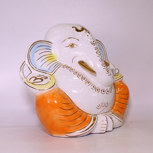 Ceramic White Orange Taklu Lord  Ganesha Idol For Home & Office Dcor