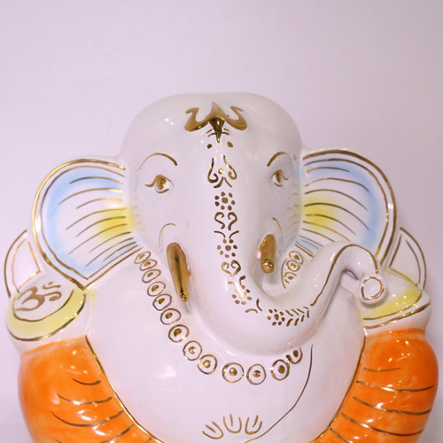 Ceramic White Orange Taklu Lord  Ganesha Idol For Home & Office Dcor