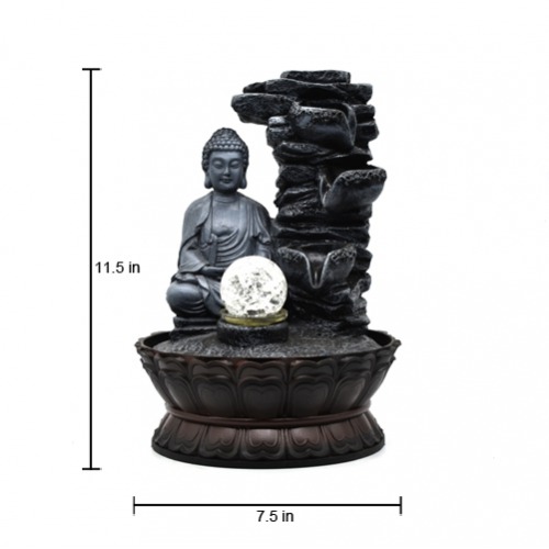 Water Fountain Sitting Buddha Statue For Home Table Top Ornament With Multi-Coloured LED Lights For Home Decor