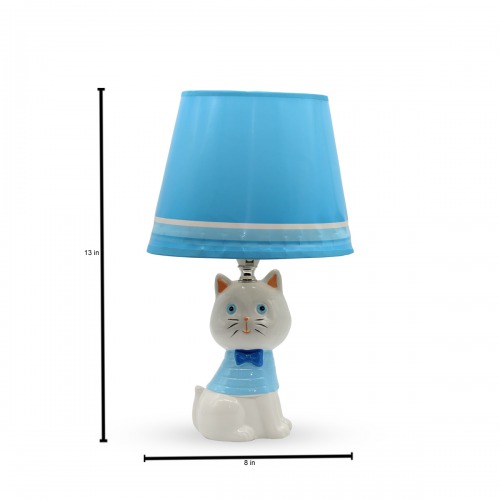 Blue Fabric Shade With Cute Cat Table Lamp For Home Decor, Desktop