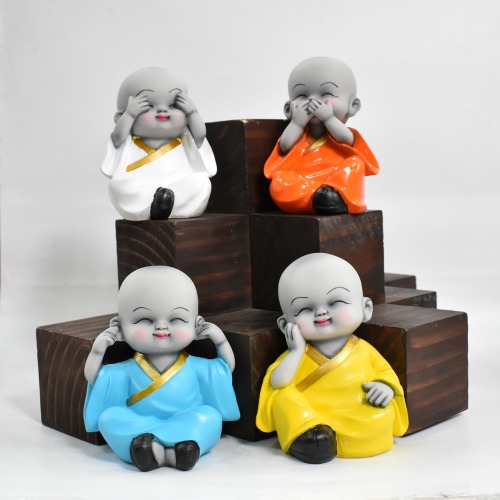 Multi colour Monk Buddha Statue Set Of 4 | Miniature Buddha Monk Showpiece for Home | Office Decoration