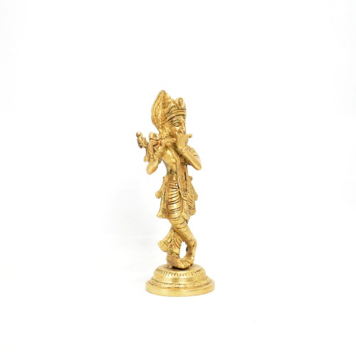 Brass Krishna Bhagwan Murti Idol in Flute Playing Posture on Beautiful Pedestal Home Decor Entrance Statue