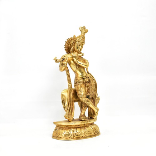 Big Brass Krishna With Cow Statue | Krishna Brass Metal Statue Idol For Home Temple | Office Table