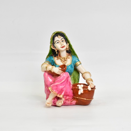 Rajasthani Lady Sitting Rajasthani Style With Makhana Polyresin Statue | Rajasthani Traditional Style Doll Statue