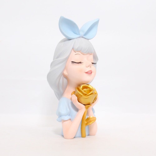 Blue Little Girl With Golden Rose Showpiece | Statue Figurines for Home Decor Outdoor Entrance Living Room Decoration