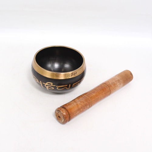 Small Om Singing Bowl | Tibetan Buddhist Prayer Instrument with Wooden Stick | Meditation Bowl | Music Therapy (Brown)