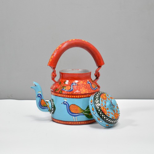 Traditional Hand-Painted Peacock Design Colourful Decorative Tea Kettle Pot Showpiece For Home Decoration