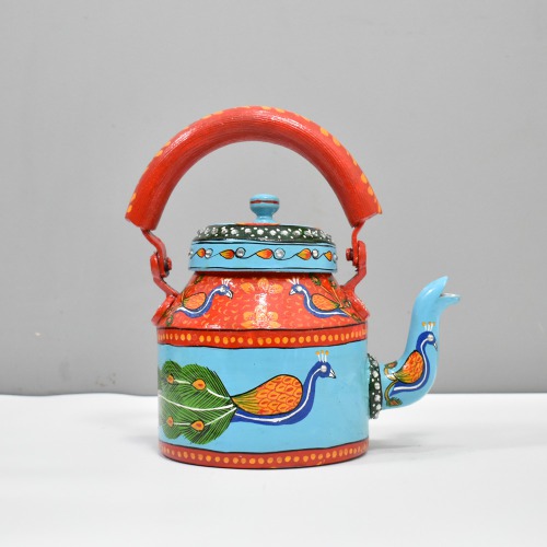 Traditional Hand-Painted Peacock Design Colourful Decorative Tea Kettle Pot Showpiece For Home Decoration