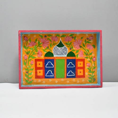 Hand painted Wooden Kitchen and Dining Tableware Tray with Tea Cups Glass (Multicoloured)