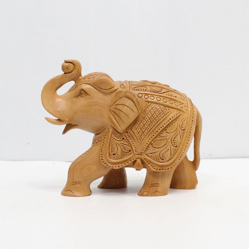 Brown Colour Wood Elephant Down Trunk Statue Design Carving Figurine Showpiece Gifts For Home Decor | Decor