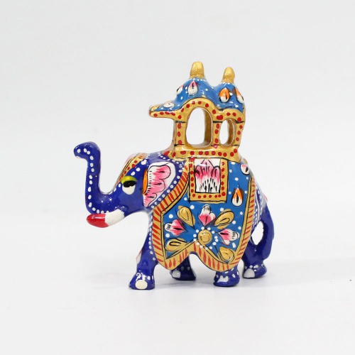 Elephant Statue Handpainted Animal Figurine Metal Trunk Up Elephant Handmade Decorative Showpiece