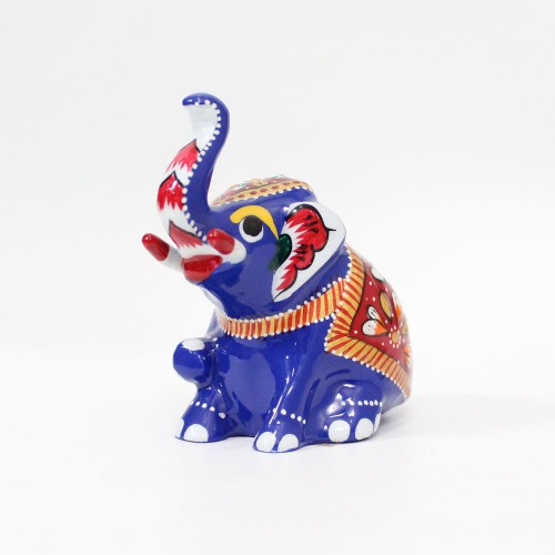 Sitting Elephant Statue Handpainted Animal Figurine Metal Trunk Up Elephant Handmade Decorative Showpiece