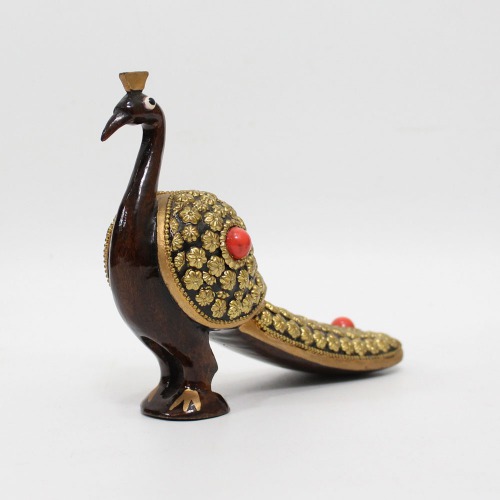 Attractive Handcrafted Wooden Peacock With Golden Design Showpiece | Figurine for Home & Office Decor