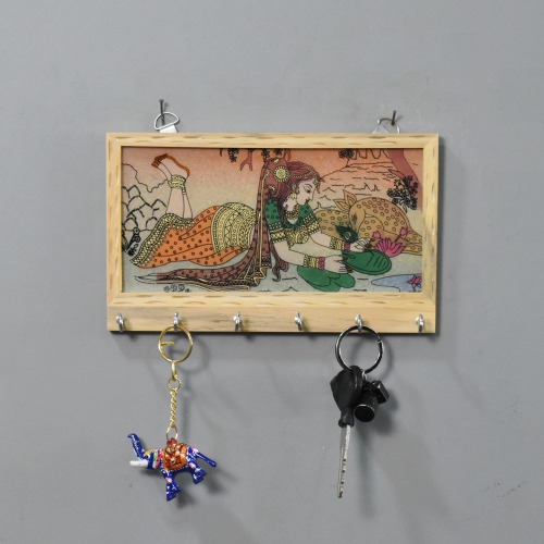 Rajasthani Lady Sleeping River Side Theam Gemstone Painting Key Holder | Key Holder | Decor | Wall Hanging