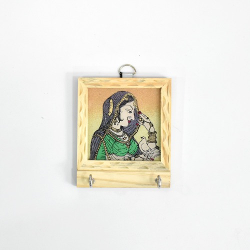 Rajasthani Lady With Pigeon Theam Gemstone Painting Key Holder | Key Holder | Decor | Wall Hanging