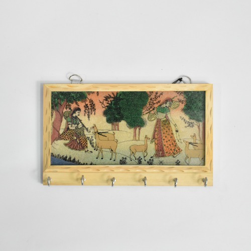 Rajasthani Two Lady's Standing Under Tree With Deer Theam Gemstone Painting Key Holder | Key Holder | Decor | Wall Hanging