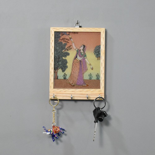 Rajasthani Lady Standing Under Tree Theam Gemstone Painting Key Holder | Key Holder | Decor | Wall Hanging