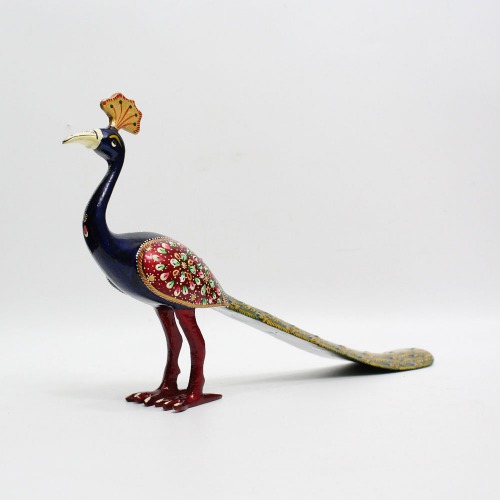 Blue Colour Metal Handicraft Meenakari Peacock with Long tail With Enamel Painting Showpiece