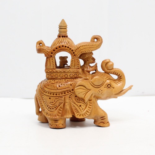 Handicrafts Wooden Carving Ambari Elephant Figurine | Wooden Handmade Elephant Statue for Home Decor