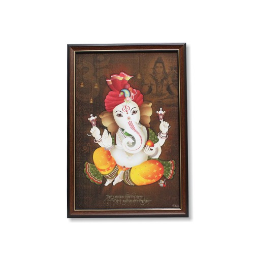 Lord Feta Ganesha Religious Wood Photo Frames With (Glass) For Worship | Pooja (19.5 x 13.5 inch | Multicolour)