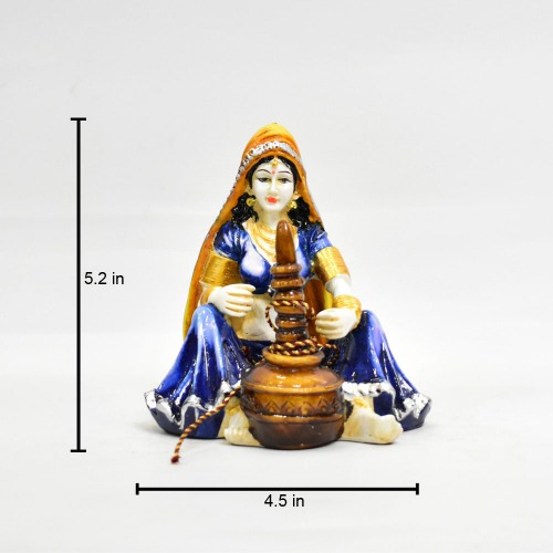 Blue Rajasthani Lady Using Makhan Handi Showpiece