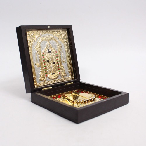 Gold Plated Tirupati Balaji Photo Frame with Charan Paduka,Plastic Box