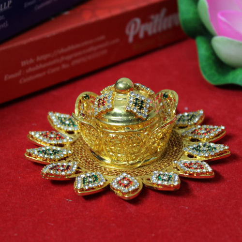 24K Gold Plated Brass Flower Shaped Kumkum Holder with Diamond Design