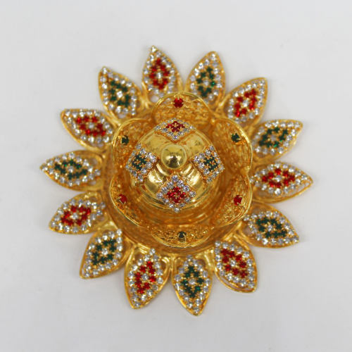 24K Gold Plated Brass Flower Shaped Kumkum Holder with Diamond Design