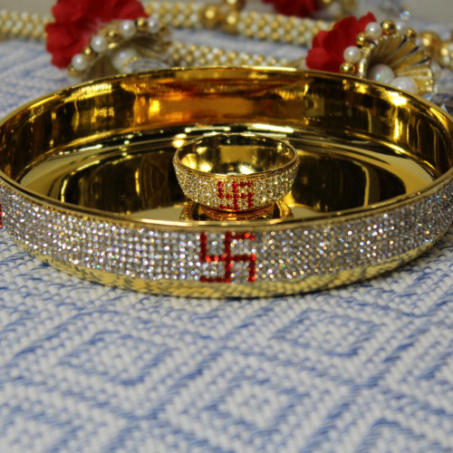 24K Gold Plated Brass Thali with Bowl and Swastik Diamond Design