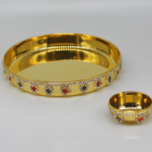 24K Gold Plated Brass Thali with Bowl and Paan Diamond Design