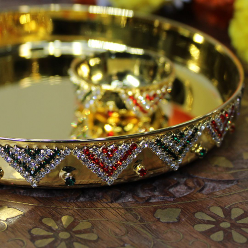 24K Gold Plated Brass Thali with Bowl and Triangle Diamond Design