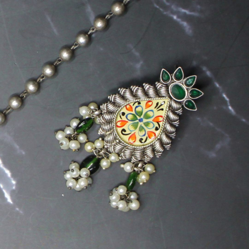 Oxidized Silver Necklace Jewellery Set with Colourful Flower Art, Green Beads, Long Ball Chain and Earrings for Girls and Women